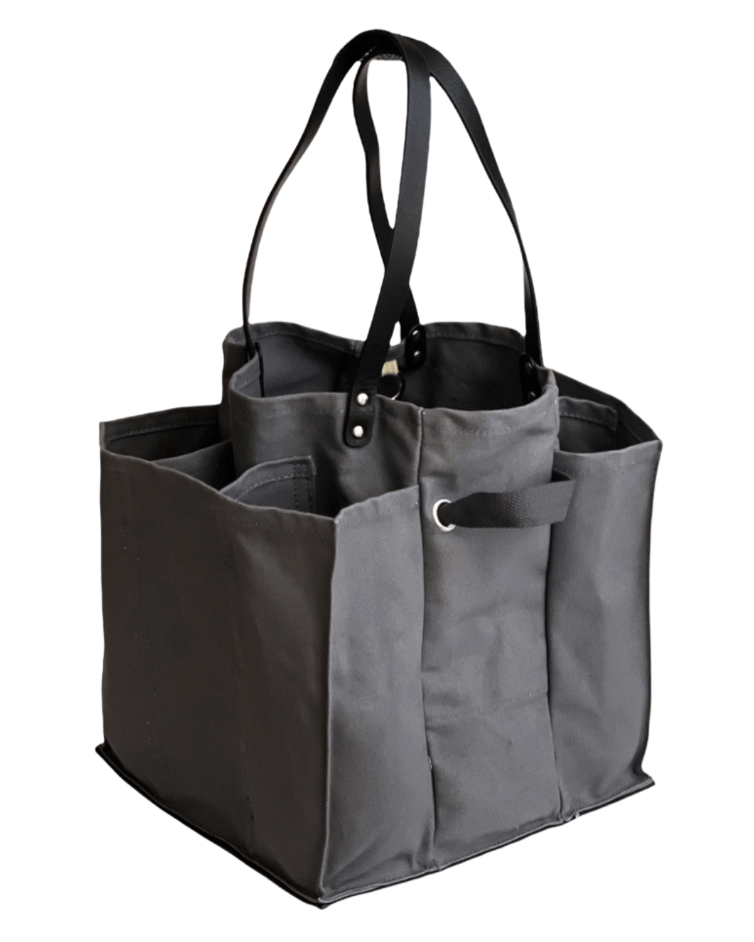 Grey multi-pocketed market tote bag designed for efficient shopping and organization.