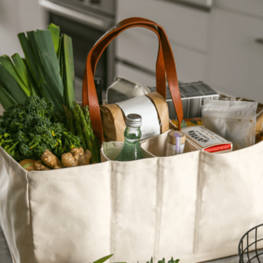 Grocery Tote canvas with vegan leather handles and base