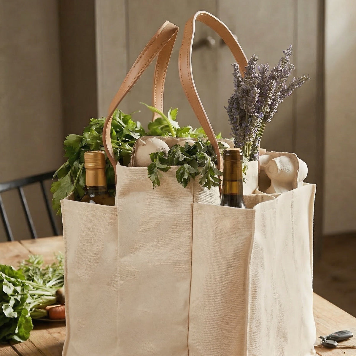Deluxe Multi-Pocketed Canvas Market Tote with Genuine Leather filled with wine and herbs on a kitchen table.