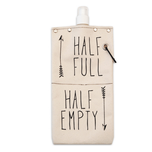 Half Full 750ml canvas canteen with playful graphics and secure cap for wine or beverage storage.