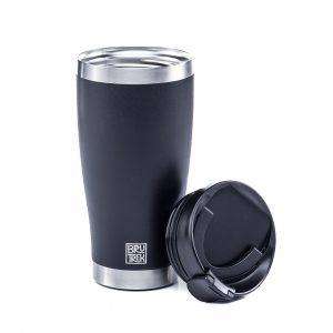 Photo of a black insulated tumbler cup with bru trek logo.