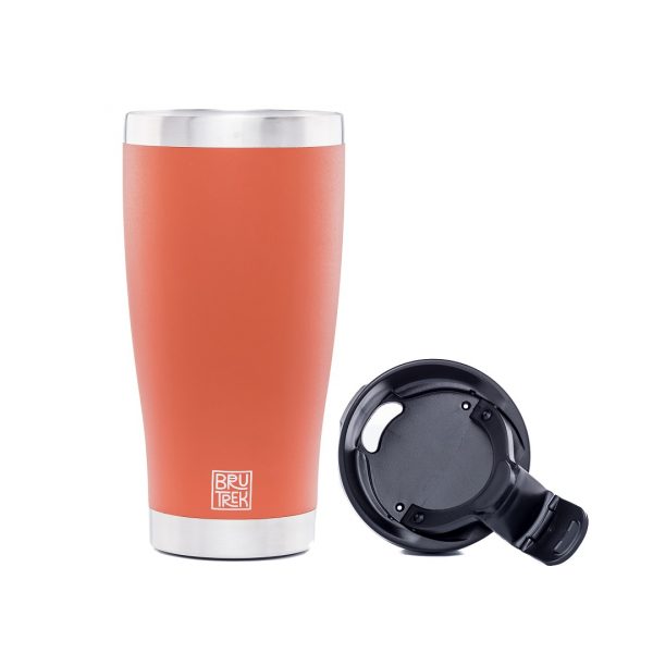 Photo of red tumbler cup with the lid next to cup.