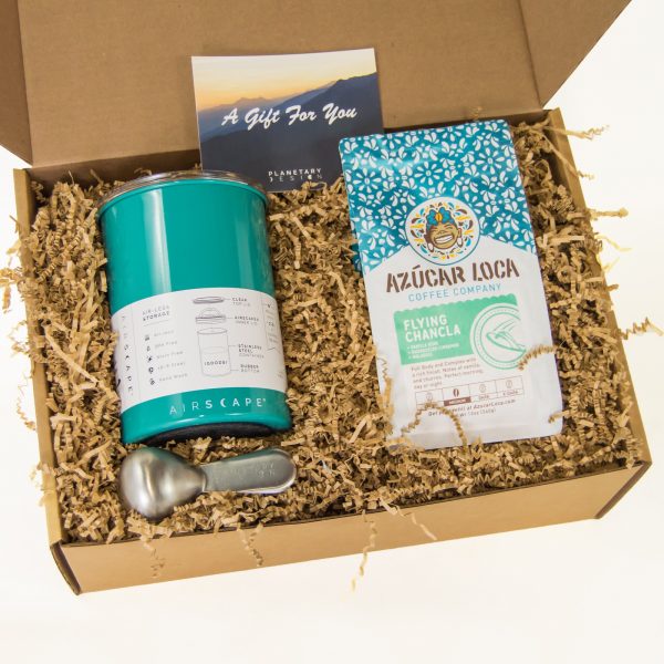 Coffee Lovers Airscape Gift Box featuring a Coffee Scoop, Coffee Beans, and a Turquoise Medium Airscape