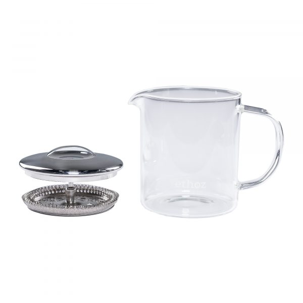 Ethoz Glass Tea Brewer with Press Attachment on the side