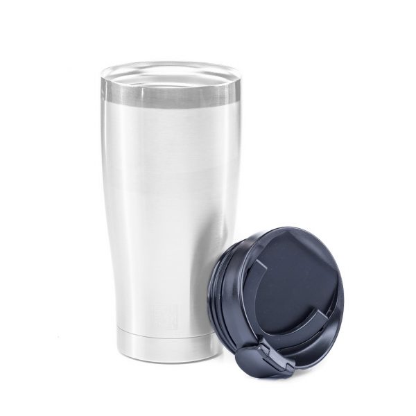Photo of a BruTrek adventure tumbler with Sip N' Snap lid leaning on the side
