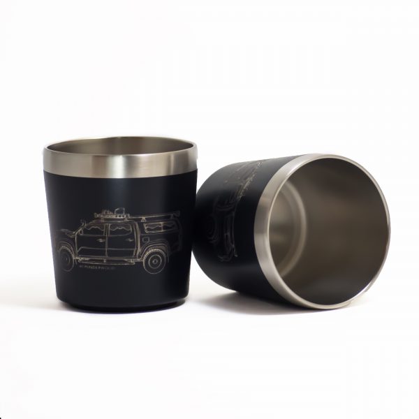 Camp Cups in obsidian with an engraving of an off-roading truck