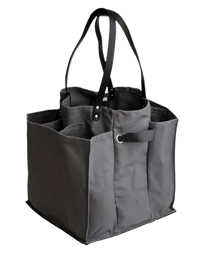 Grey multi-pocketed market tote bag designed for efficient shopping and organization.
