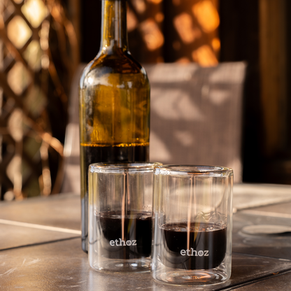 ethoz insulated glass tumblers holding wine

