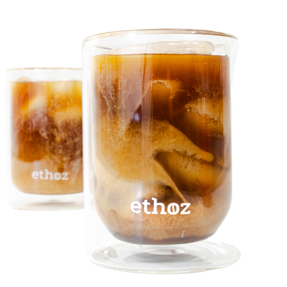 ethoz insulated glass tumblers holding coffee

