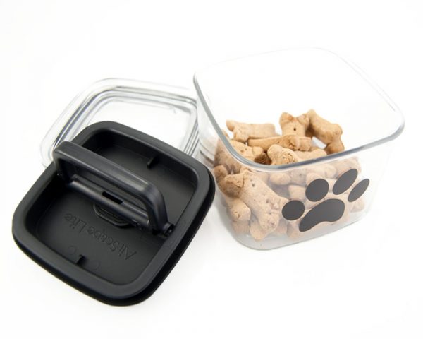 Small Airscape Pet, Treat and Food Storage Container with paw Print Graphic and Lids Sitting in Front