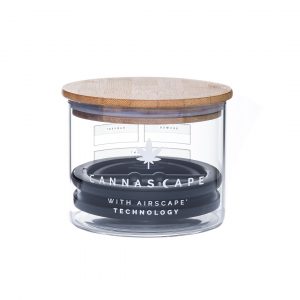 Photo of Cannascape Glass storage canister with wooden lid on top and inner Airscape lid visible, with white background
