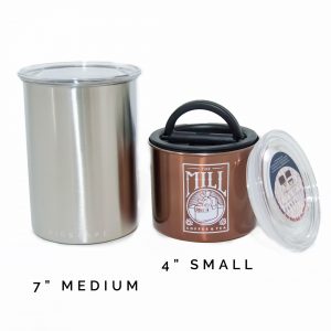 Photo of a seven inch stainless steel canister and a four inch bronze colored canister.
