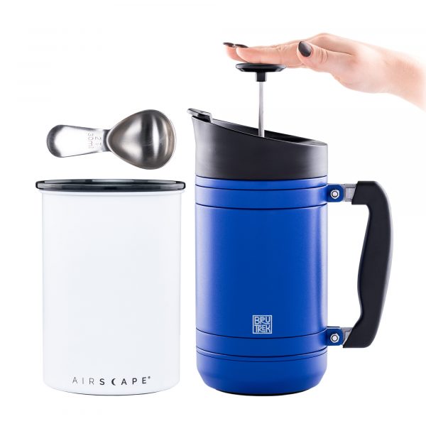 Photo of Brew At Home Bundle in Mountain Lake and Chalk - Airscape canister (white), 32oz. French Press (blue) and coffee scoop