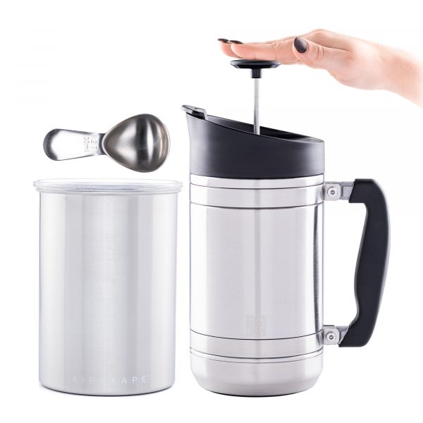 Photo of Brew At Home Bundle in brushed stainless steel - Airscape canister, 32oz. French Press and coffee scoop