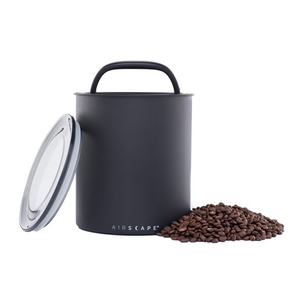 Photo of Matte black kilo (large) kitchen coffee canister with pile of coffee beans to the right