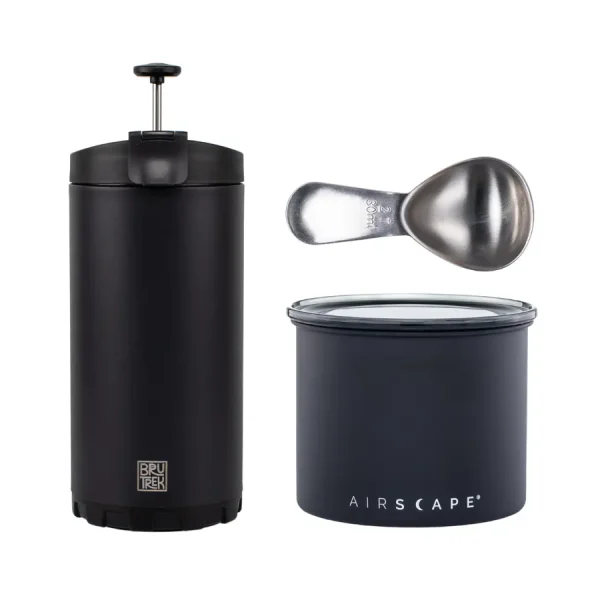 Product Photo of french press, coffee storage container, and coffee spoon
