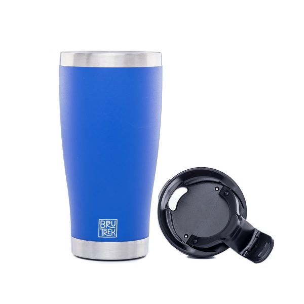 Photo of a blue insulated tumbler with it's lid removed.