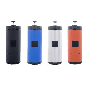 Color Lineup of OVRLNDR Travel Presses (Obsidian, Mountain Lake, Brushed Steel, and Red Rock)