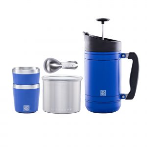 Photo of Camp Coffee Kit, including 32oz. French Press, small steel Airscape, Two Camp Cups and a coffee scoop in your color choices