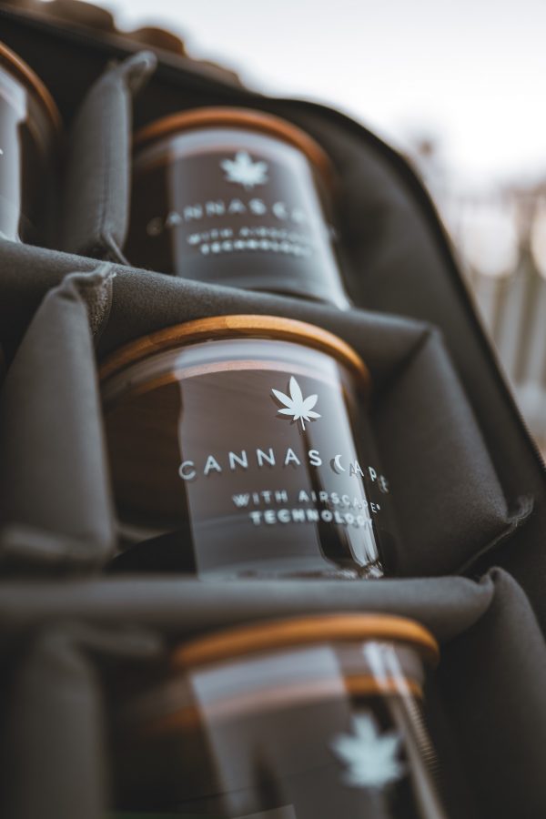 Photo of Cannascape Glass storage canisters inside of a backpack