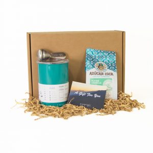 Coffee Lovers Airscape Gift Box featuring a Coffee Scoop, Coffee Beans, and a Turquoise Medium Airscape (products out of box)