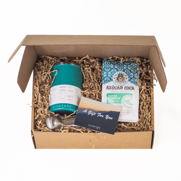 Coffee Lovers Airscape Gift Box featuring a Coffee Scoop, Coffee Beans, and a Turquoise Medium Airscape