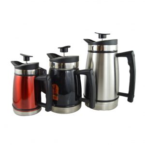 Photo of a small red coffee press, then a medium black sided press, and then a large brushed stainless steel coffee press.