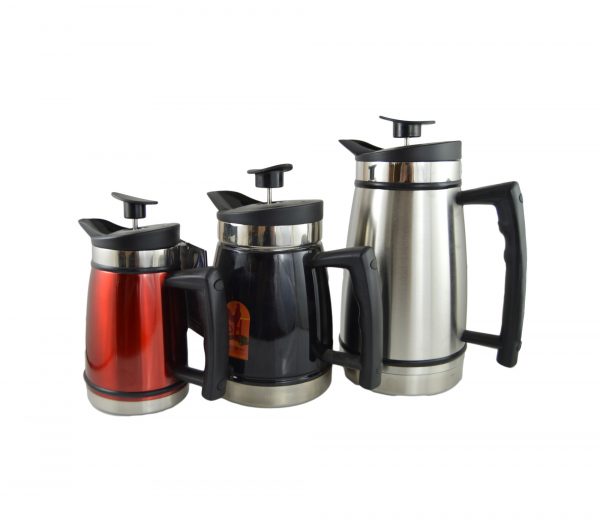 Photo of a small red coffee press, then a medium black sided press, and then a large brushed stainless steel coffee press.