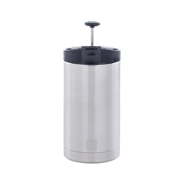 Photo of a brushed steel coffee press with it's plunger up with a white background.