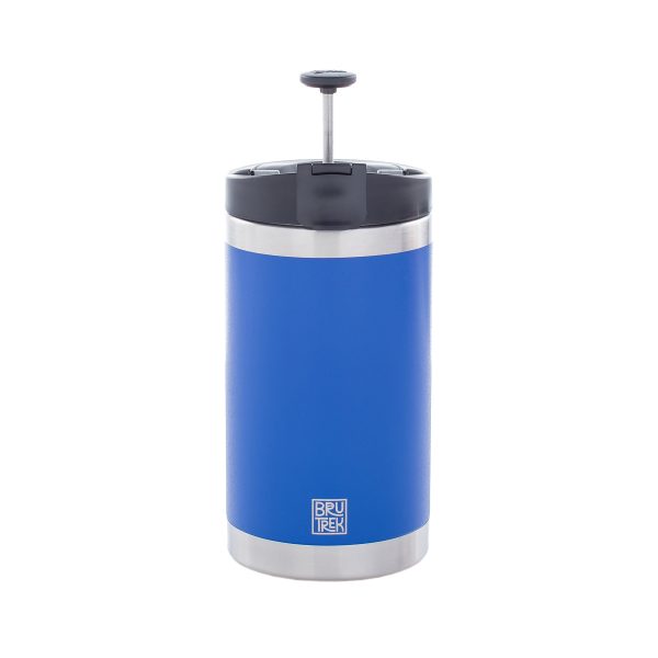 Photo of a blue coffee press, it's plunger up with a white background.