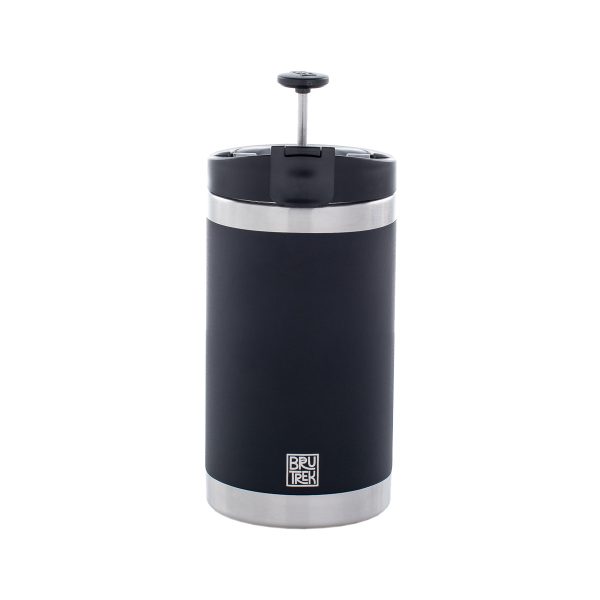 Photo of a black coffee press, it's plunger up with a white background.