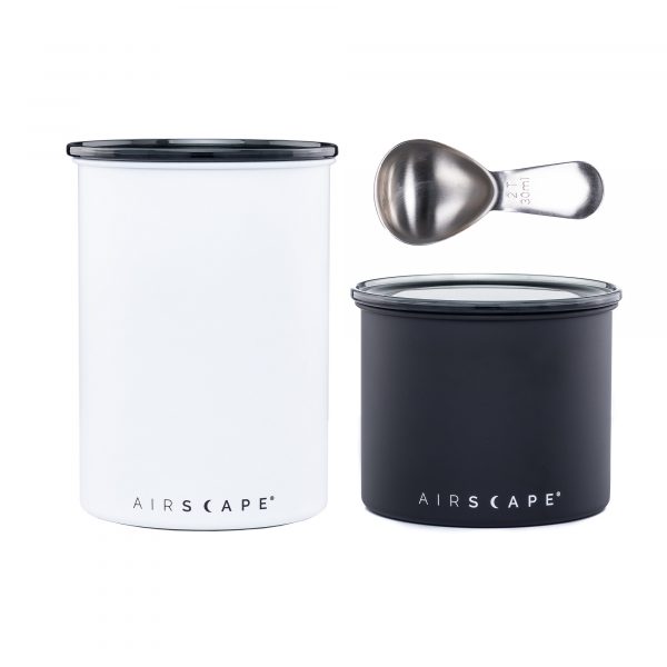 Coffee Canister Bundle, Matte white 7" Airscape, matte black 4" Airscape with coffee scoop