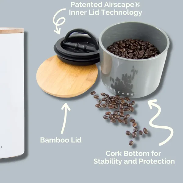 Infographic explaining features of the Airscape Ceramic Coffee Canister, inner lid, cork bottom