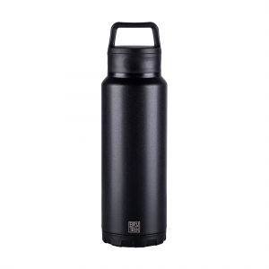 Black 32oz. BruTrekker bottle with lid on