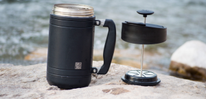 BruTrek's BaseCamp French Press in Obsidian (Black) with Lid Off showing Press Technology
