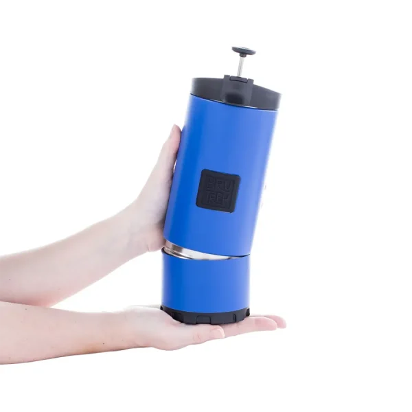 blue french press with removable bottom
