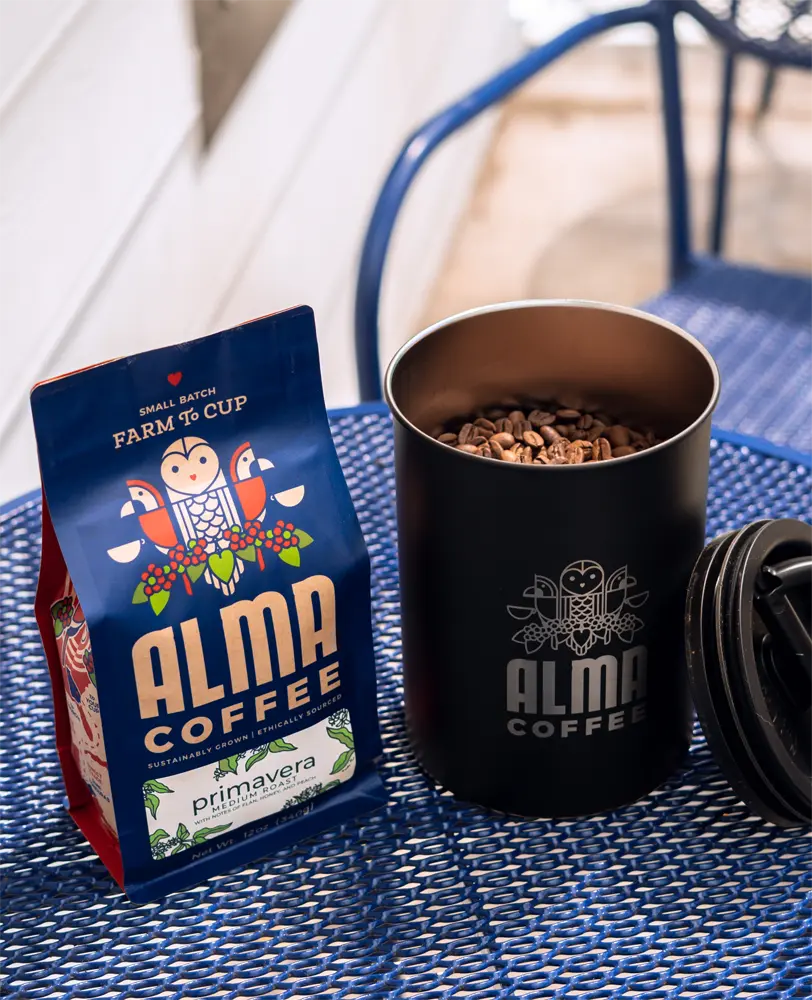 Alma Coffee bag with airscape coffee container on table