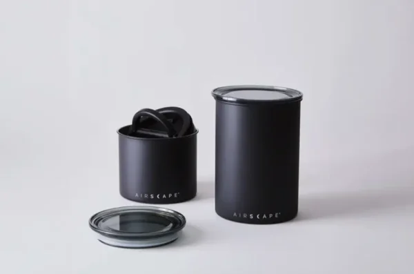displacement method for coffee storage, black coffee canister