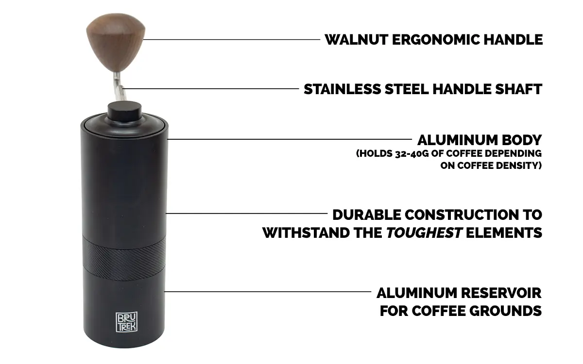 Infographic explaining features of Camp Coffee Hand Grinder