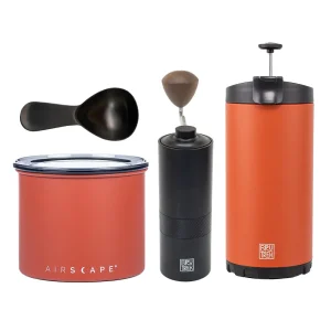 coffee gift set, brew and go, french press, hand grinder, coffee storage